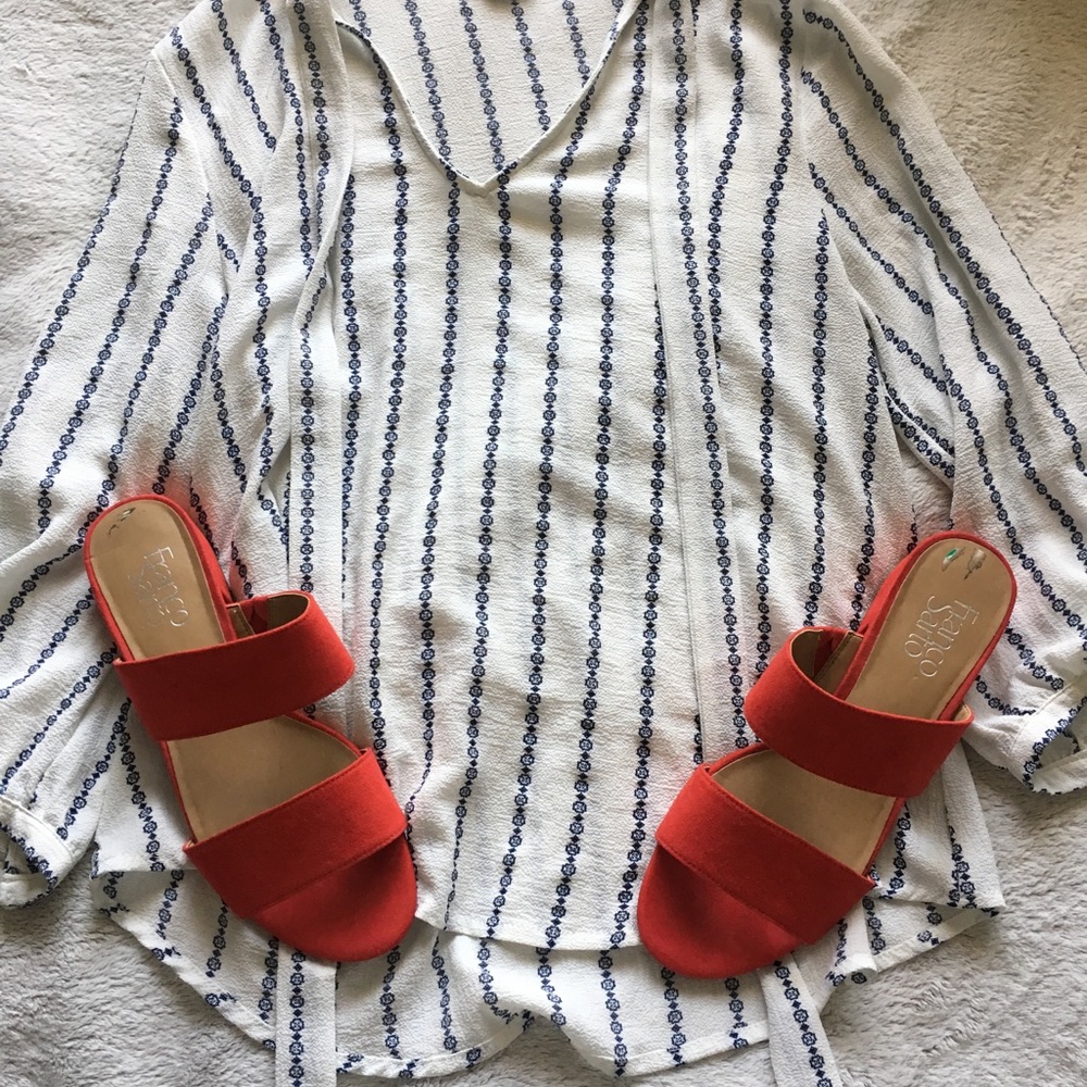 White and blue tie blouse